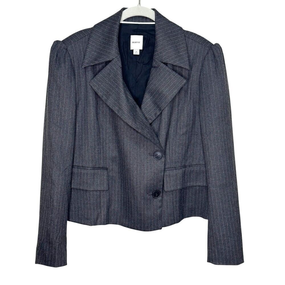 Anthropologie Maeve 80s Boxy Blazer Jacket Size Small Gray Pinstripe